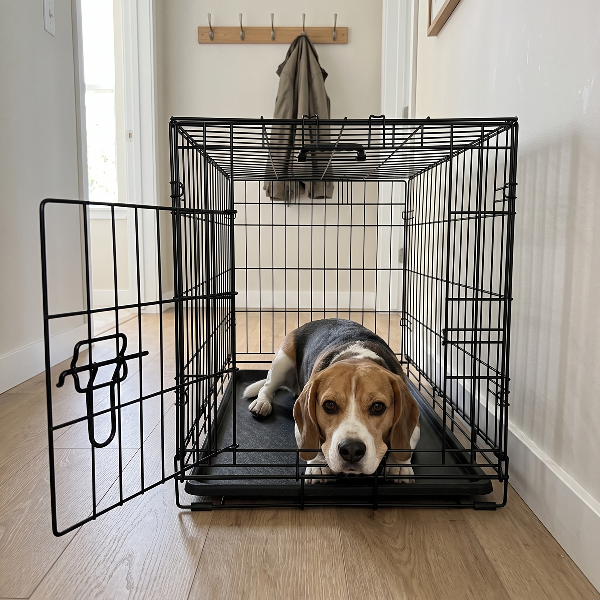Beagle lying inside the black folding wire dog crate with the door open in a tidy hallway