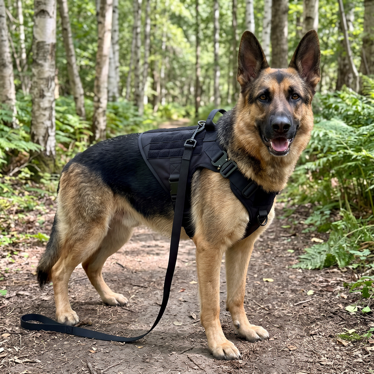 German shepherd wearing the black tactical dog harness and leash on a woodland trail