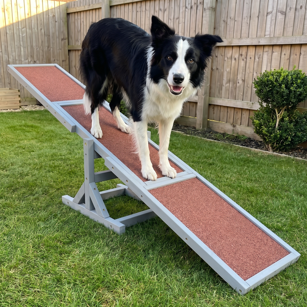 Border collie crossing the wooden dog agility seesaw on a mown back lawn