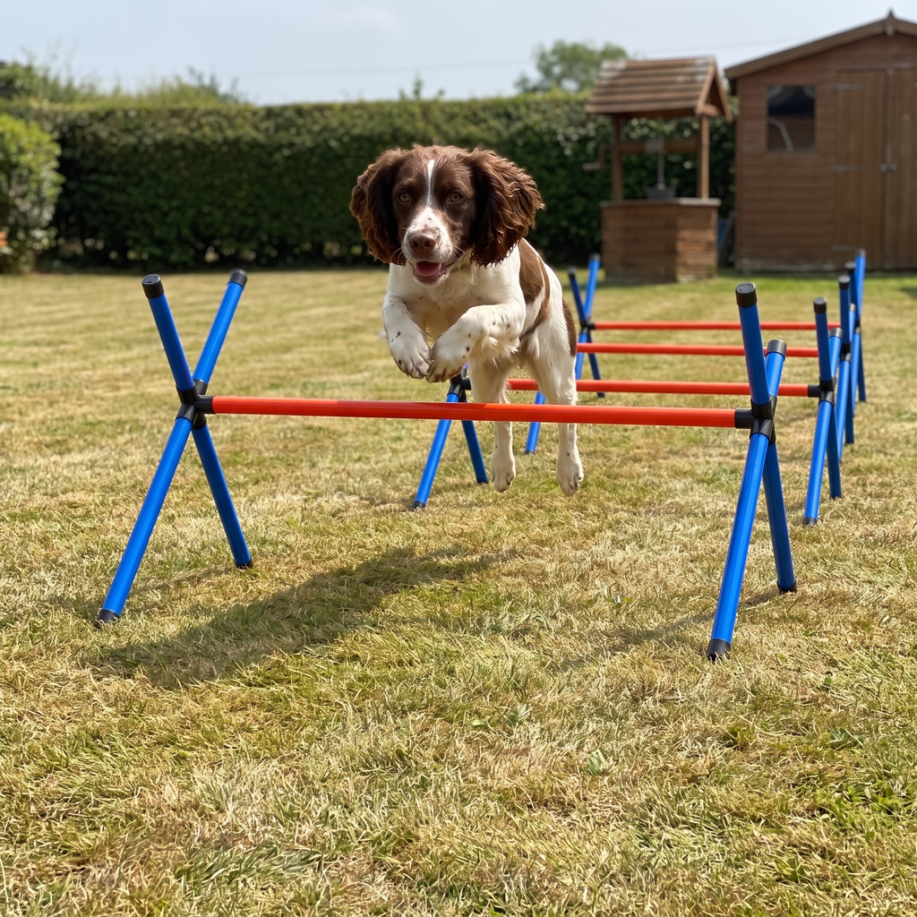 Springer spaniel jumping a hurdle from the 4-piece dog agility course set in a back garden