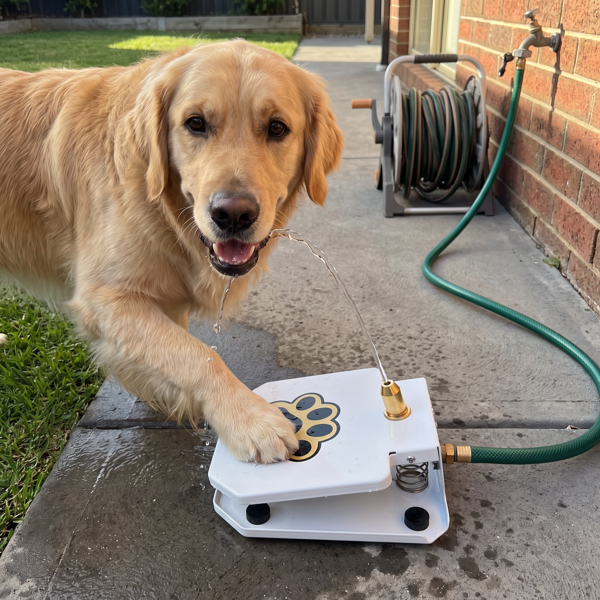 Golden retriever pressing the paw pedal of the step-on dog water fountain on a patio slab