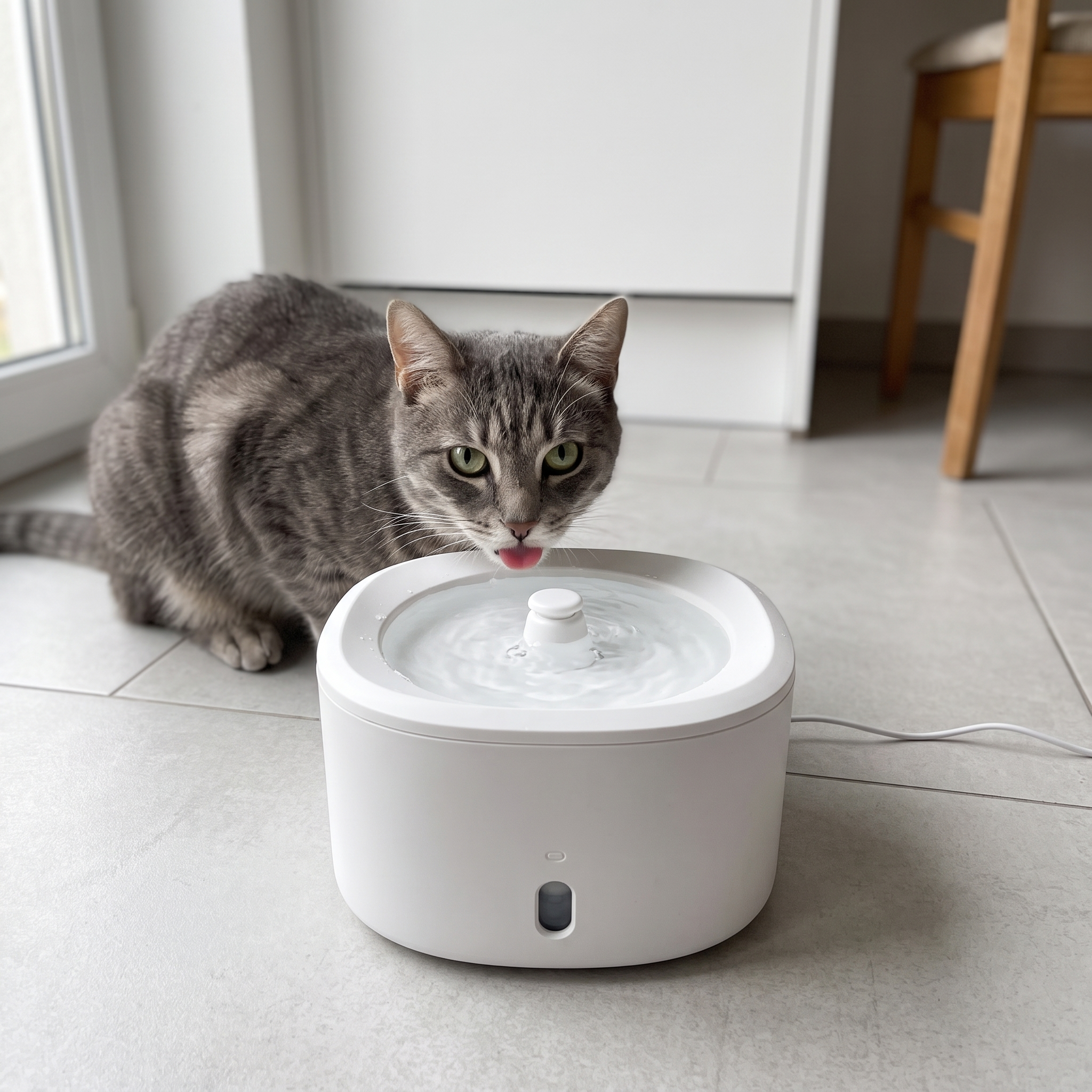 Grey tabby cat drinking from the white ultra-quiet pet water fountain in a kitchen floor corner
