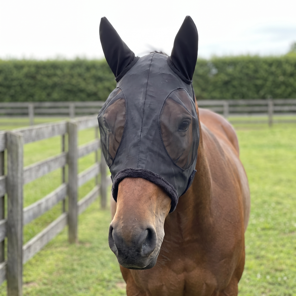 Bay horse wearing the black mesh fly mask in a paddock by a wooden fence