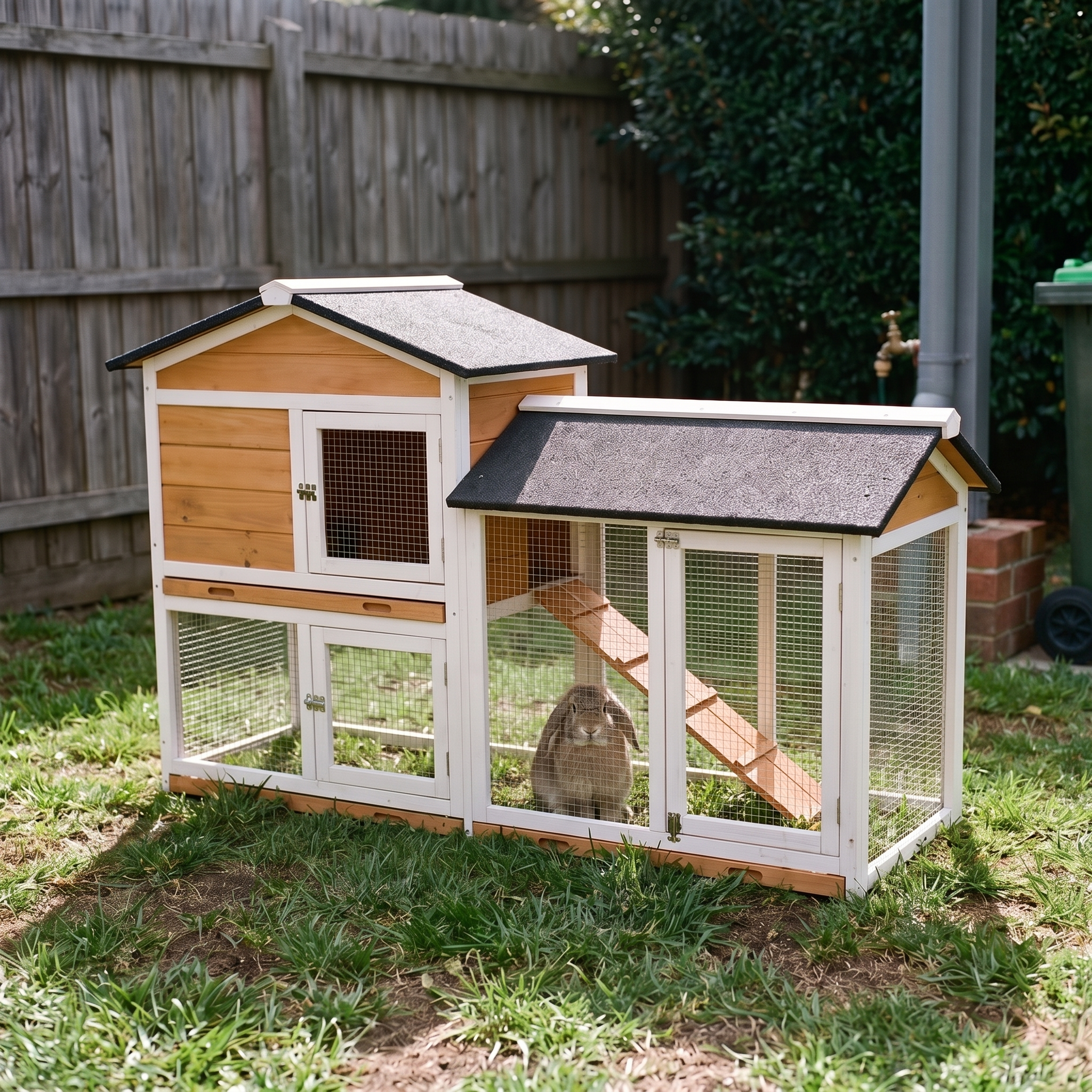 Lop-eared rabbit in the run of the 62in large wooden rabbit hutch on a sunny mown back lawn