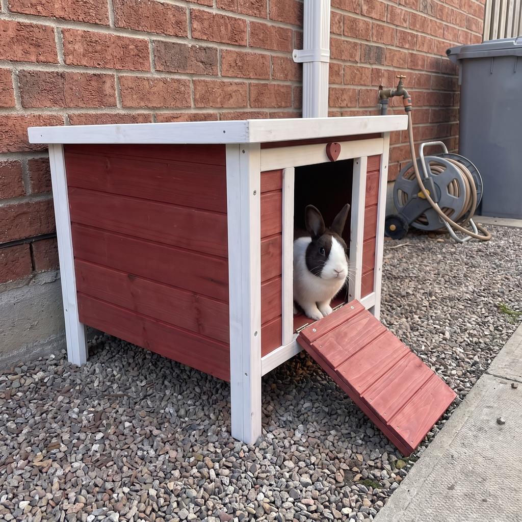 Dutch rabbit at the open door of the small red and white wooden rabbit hutch on a gravel side path