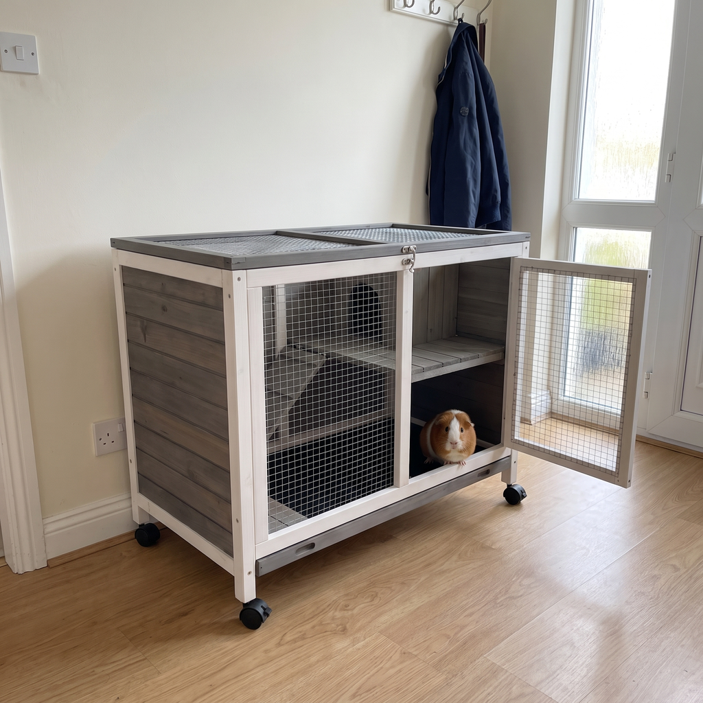 Guinea pig looking out of the compact wooden rabbit hutch on wheels in a bright indoor hallway