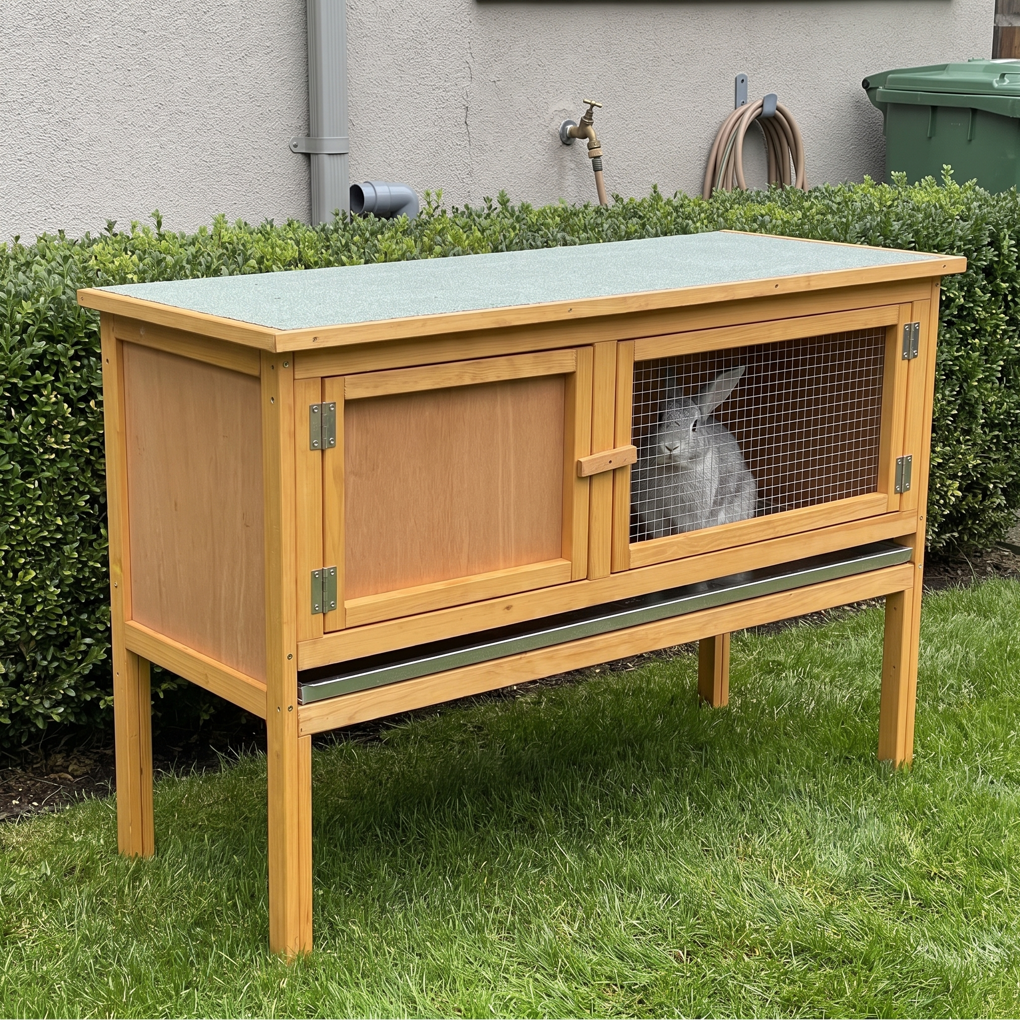 Grey rabbit at the mesh door of the raised solid-fir rabbit hutch beside a garden hedge