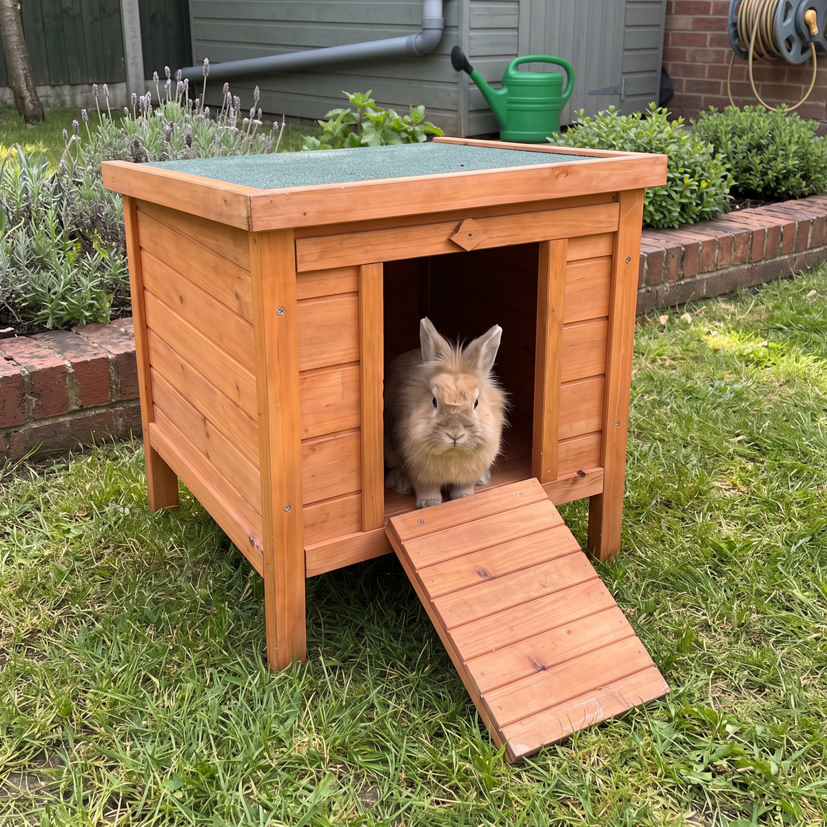 Lionhead rabbit in the doorway of the wooden outdoor rabbit hutch with green roof by a flowerbed