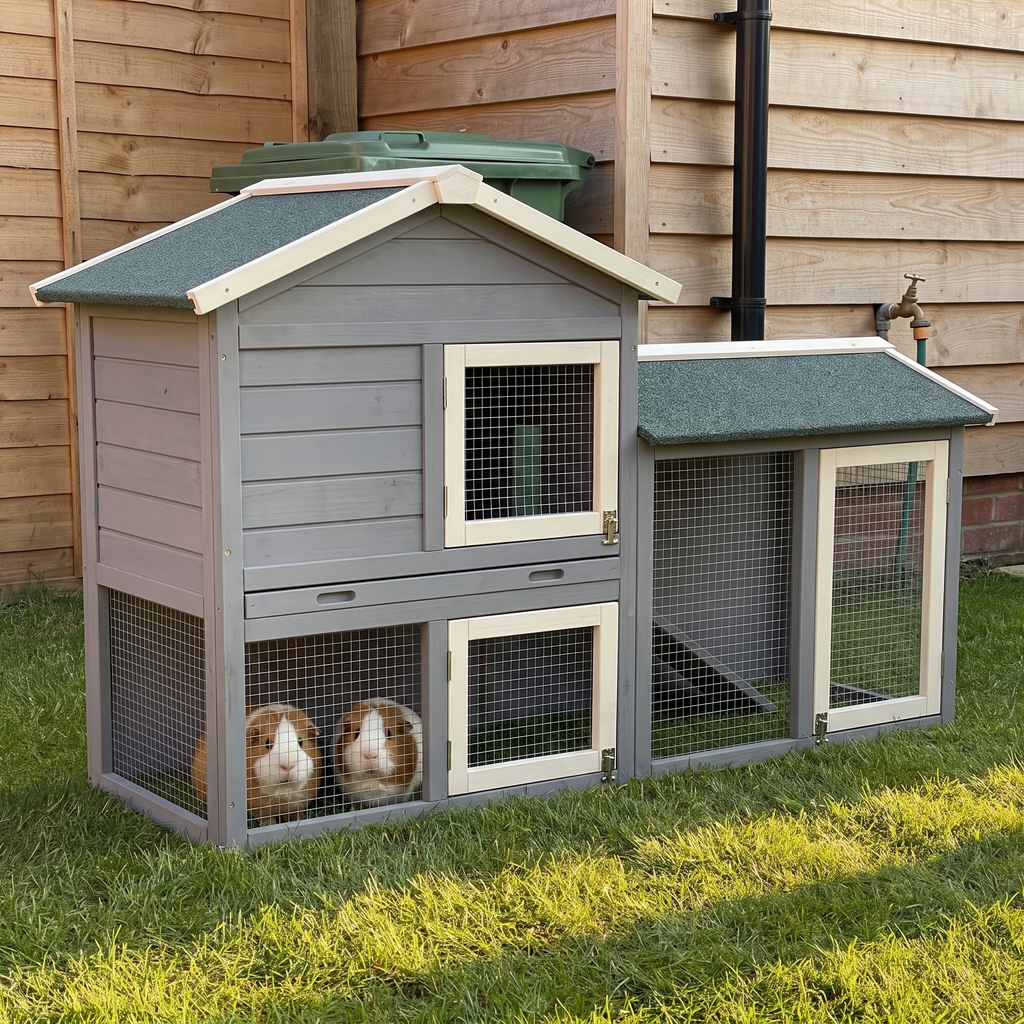 Two guinea pigs in the run of the 58in large grey wooden rabbit hutch in a fenced garden at golden hour