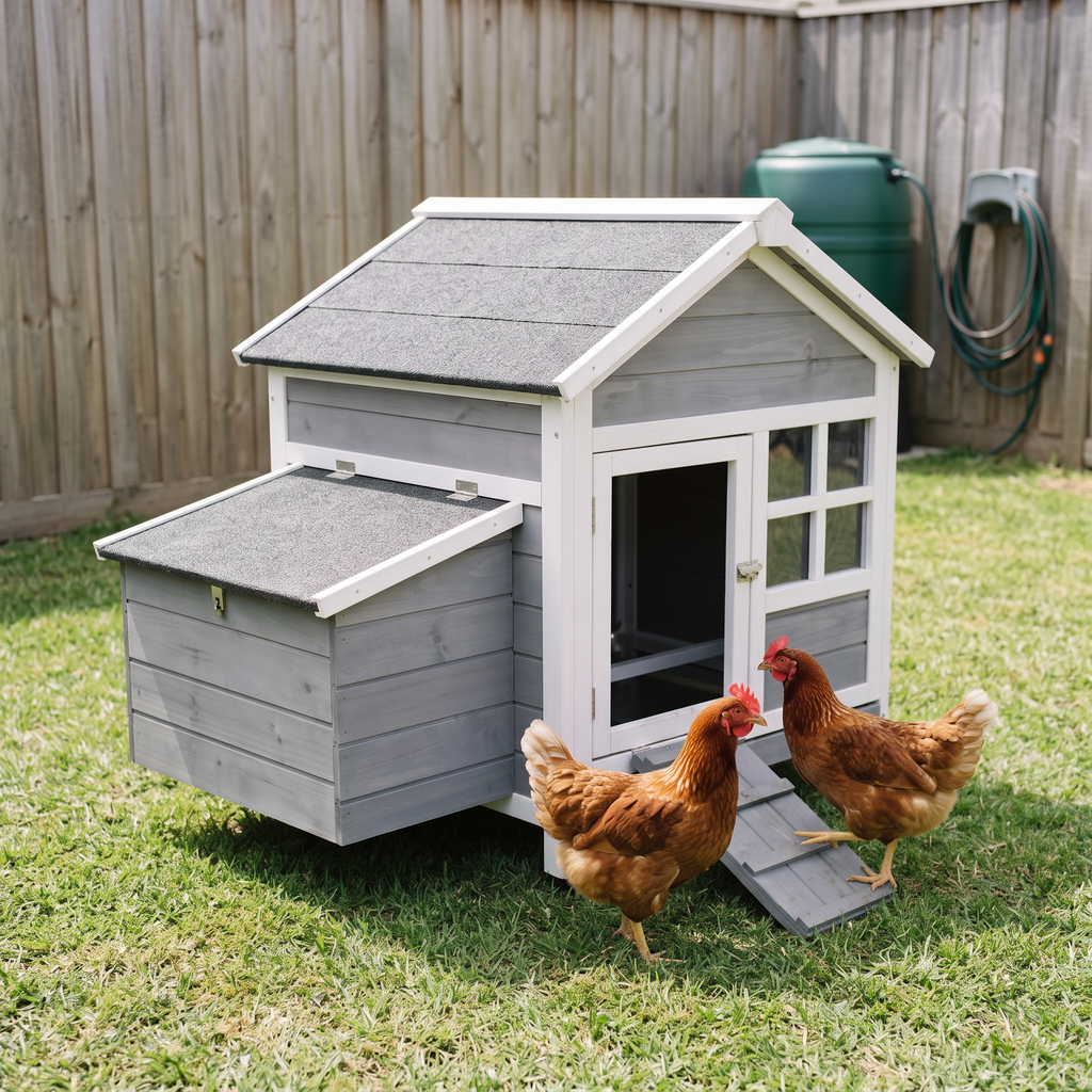 Two brown hens at the ramp of the white and grey wooden chicken coop on a suburban back lawn