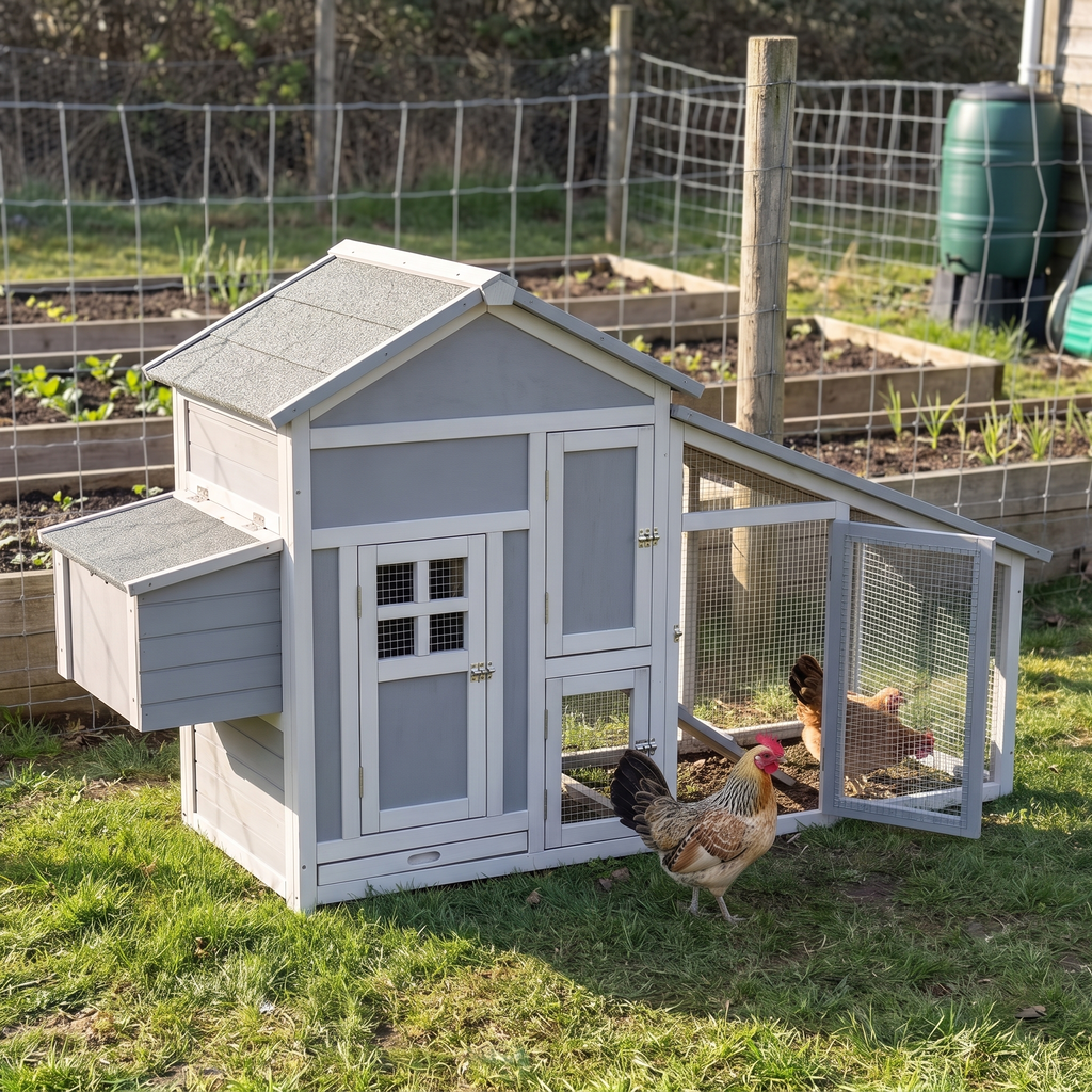 Three bantam hens using the 63in white and grey chicken coop and run on a fenced allotment plot