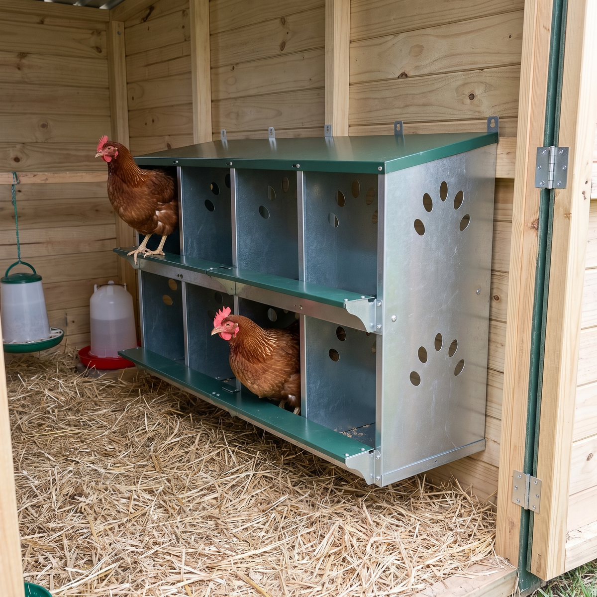 Hen settling into the 8-compartment galvanized metal nesting box on the wall inside a clean coop