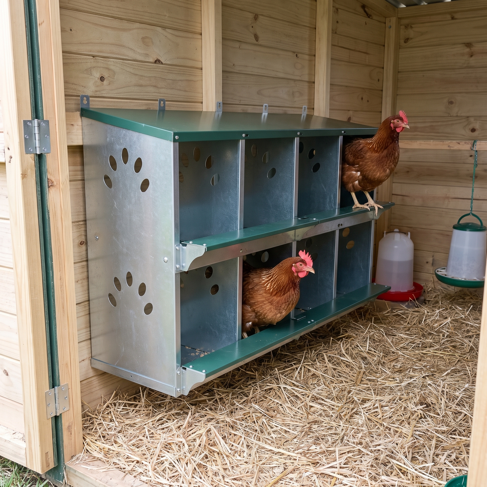 Hen settling into the 8-compartment galvanized metal nesting box on the wall inside a clean coop