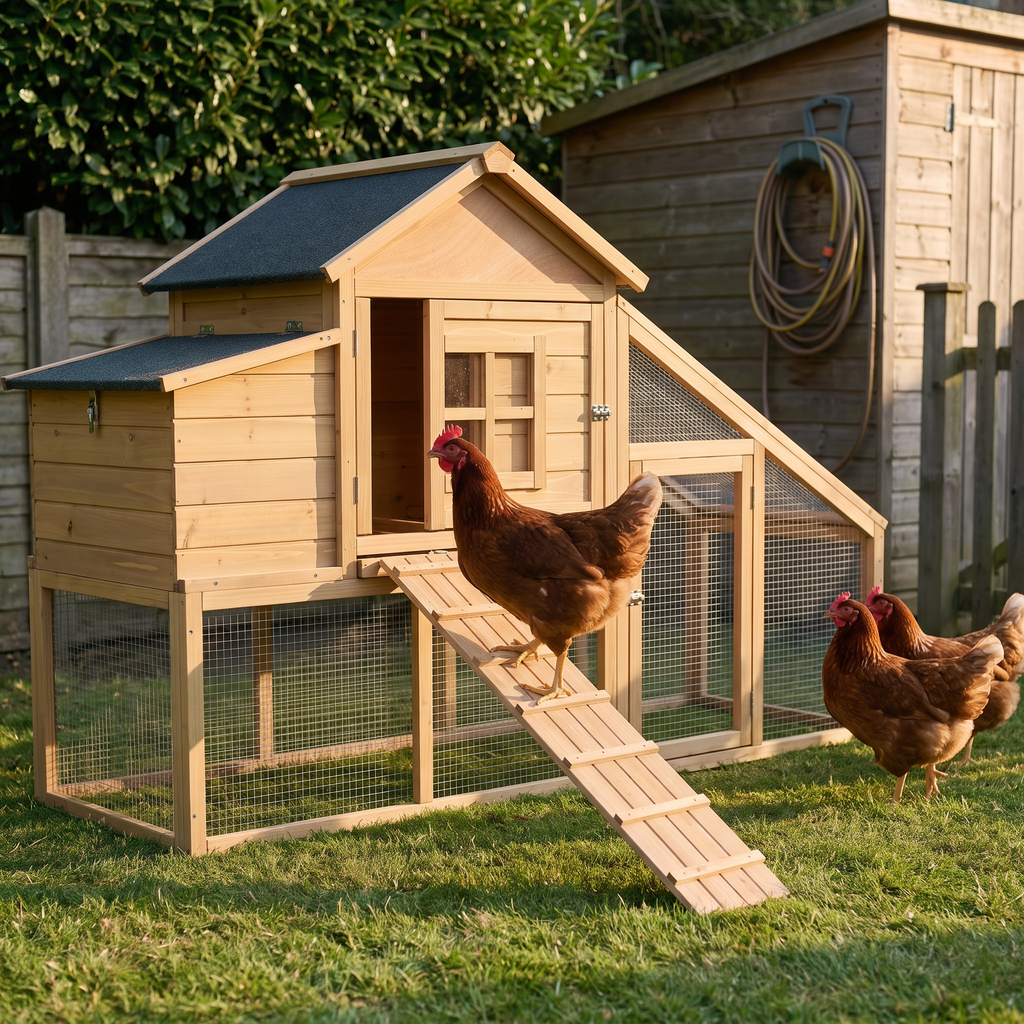 Rhode Island Red hen on the ramp of the 69in pale pine chicken coop on a mown lawn beside a shed