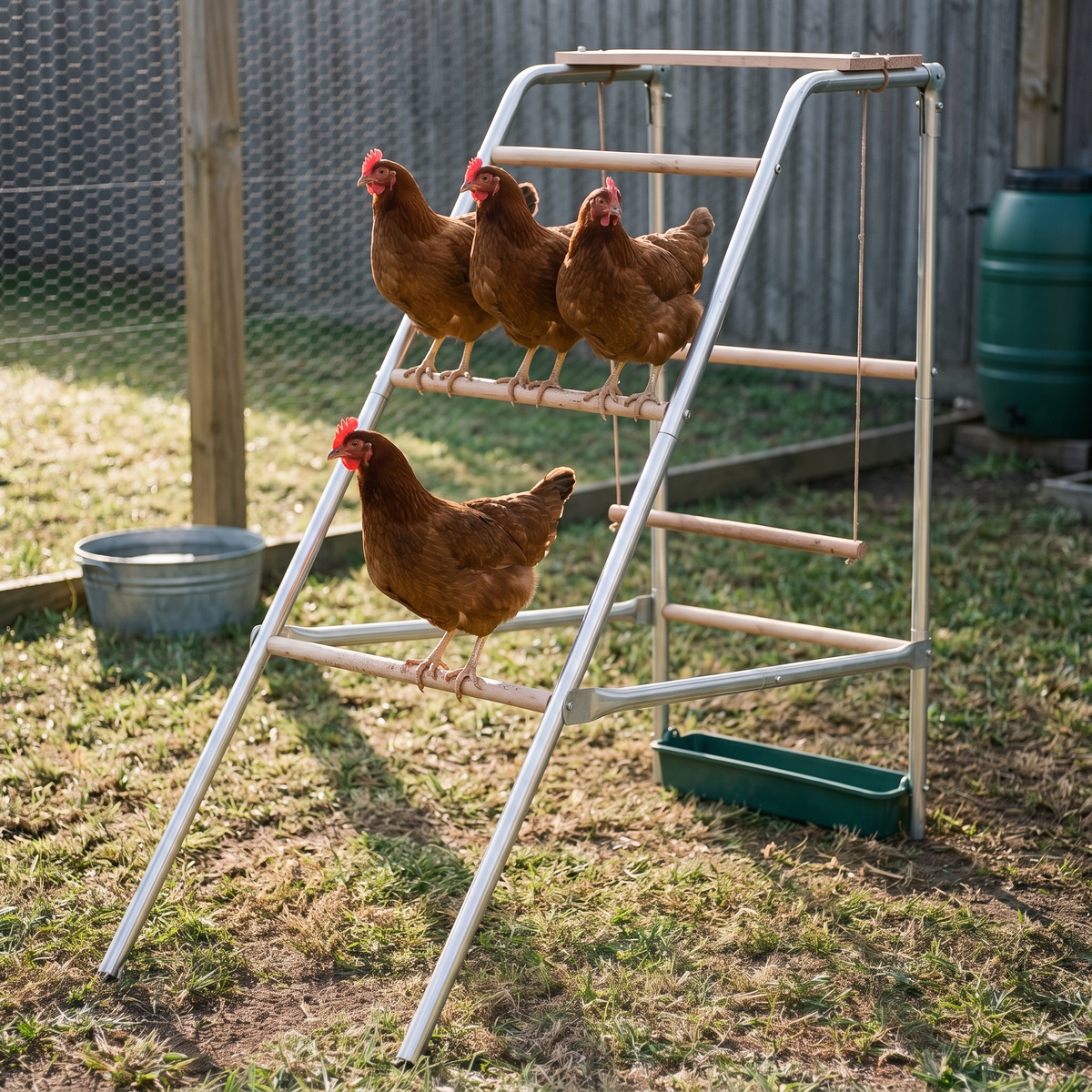 Three hens roosting in a row on the outdoor wooden chicken perch and training bar in a grassy run