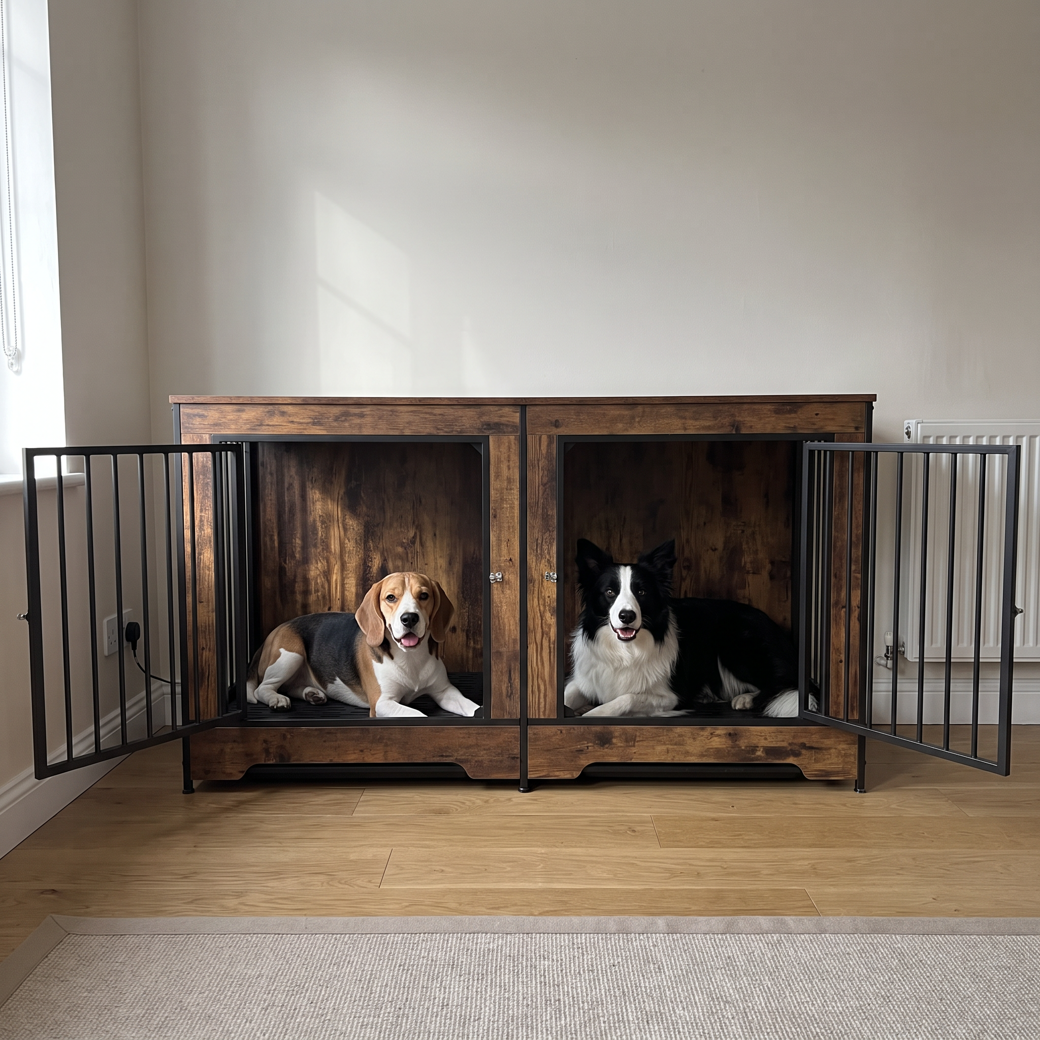 Beagle and border collie resting in each half of the rustic double dog crate console in a living room