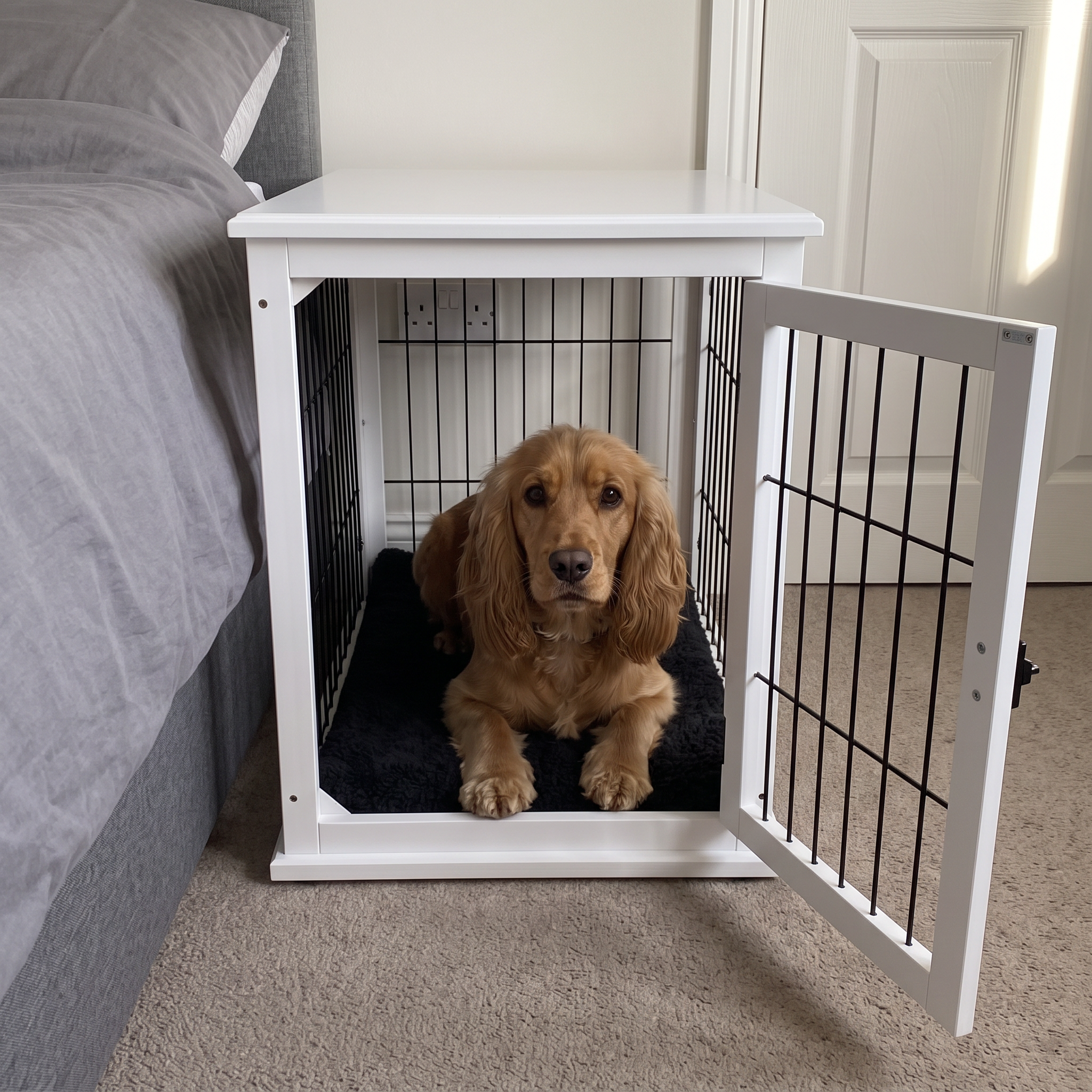 Cocker spaniel lying inside the white wooden dog crate end table beside a bed in a bedroom
