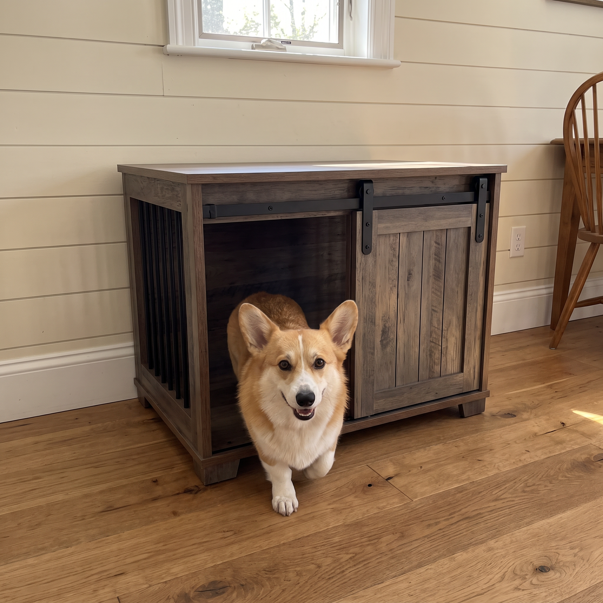Corgi stepping out of the sliding barn-door dog crate end table in a farmhouse dining nook