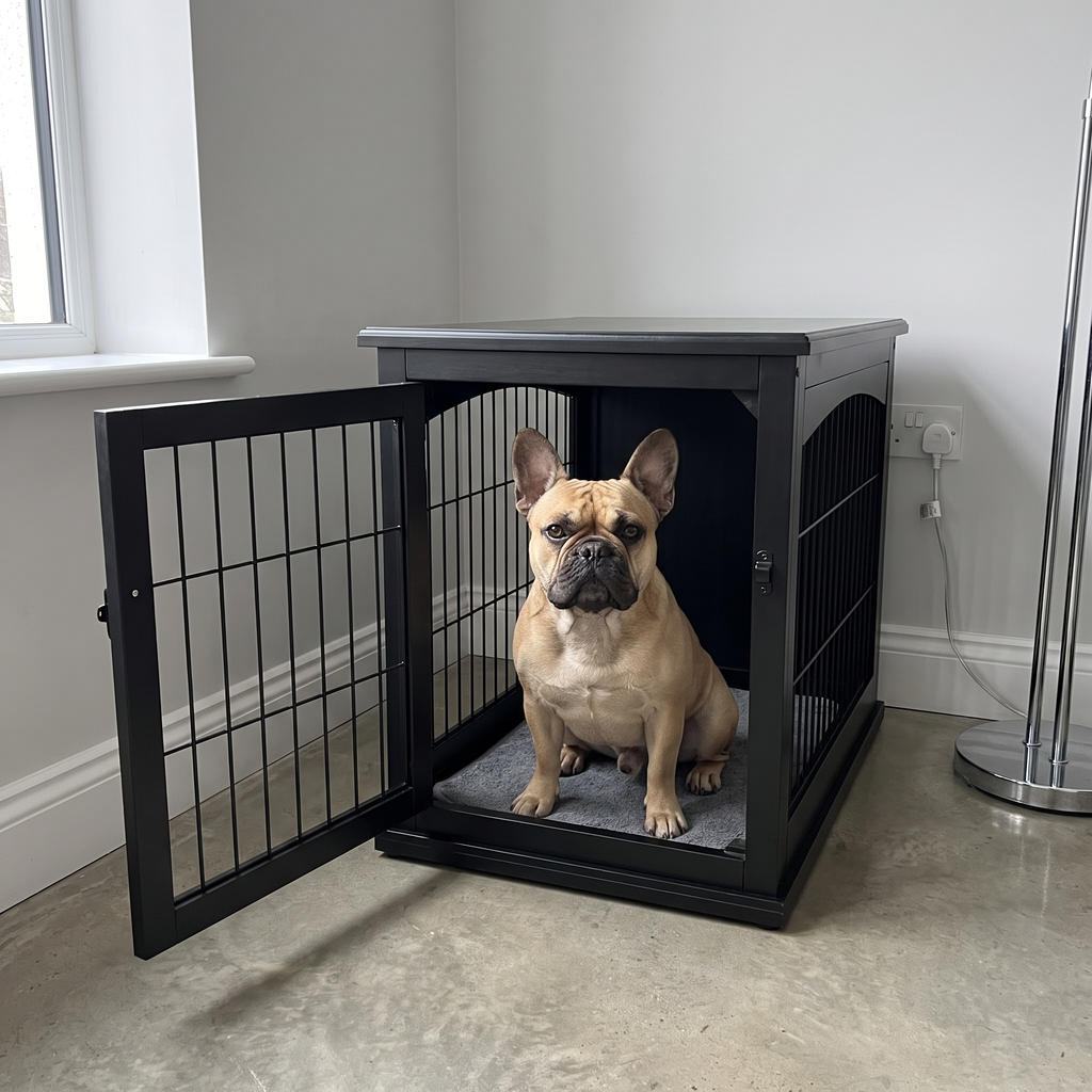 French bulldog sitting inside the black wooden dog crate end table in a modern lounge corner