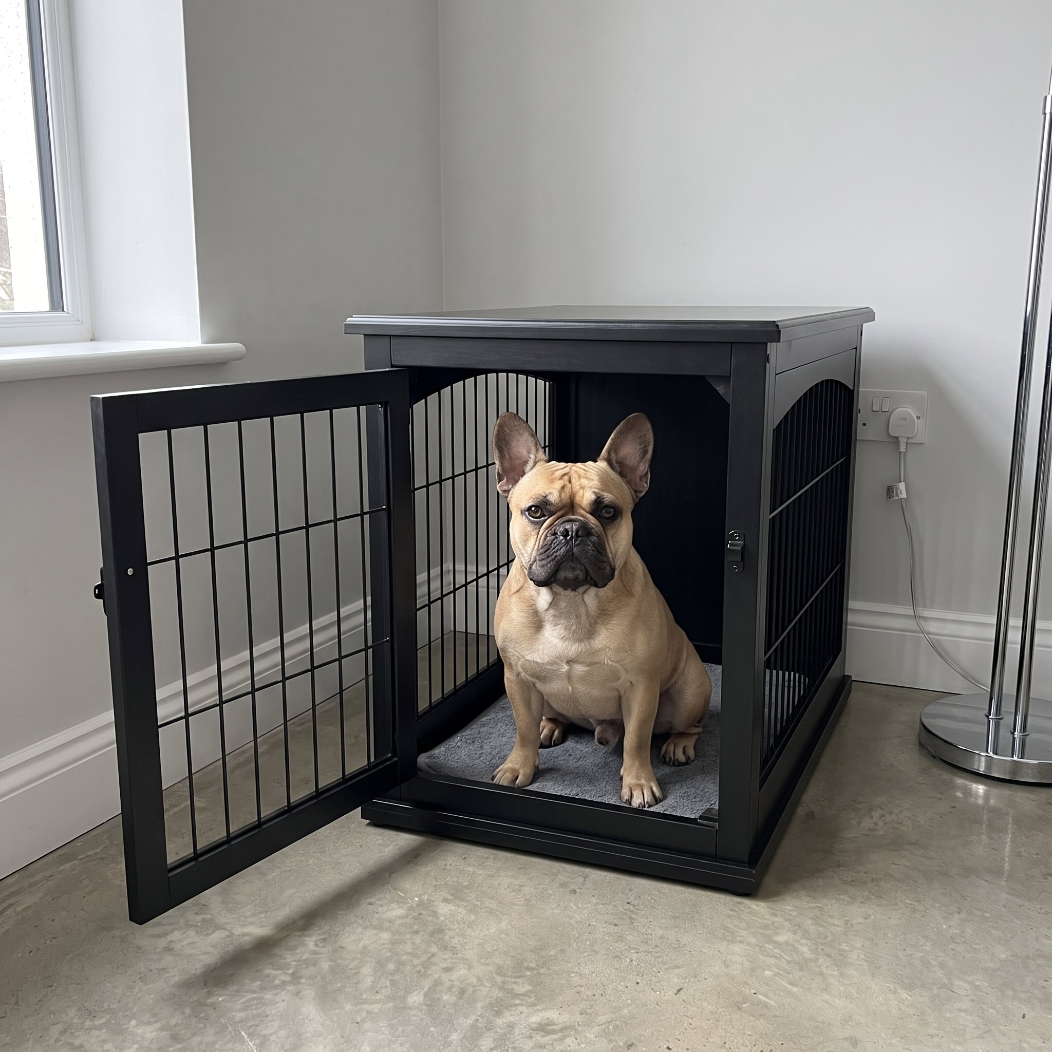 French bulldog sitting inside the black wooden dog crate end table in a modern lounge corner