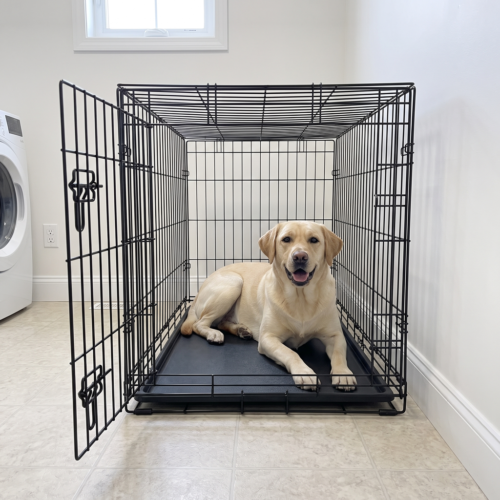 Labrador lying inside the folding wire dog crate with the door open in a utility room