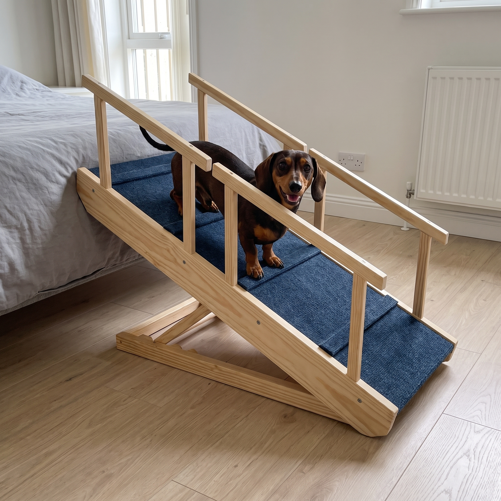 Dachshund walks down the wooden rail-sided pet ramp from a bed in a bedroom.
