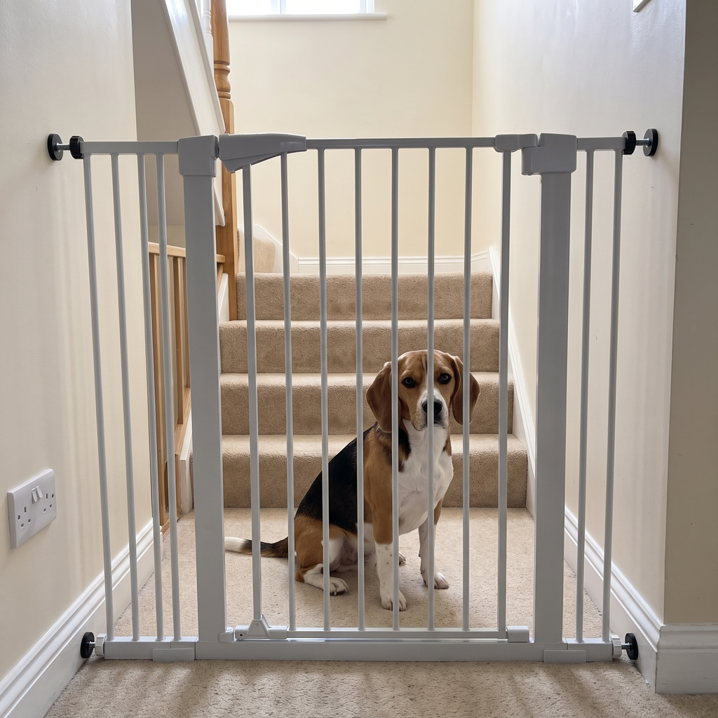 Beagle sitting behind the tall pet safety gate fitted across the bottom of a carpeted staircase