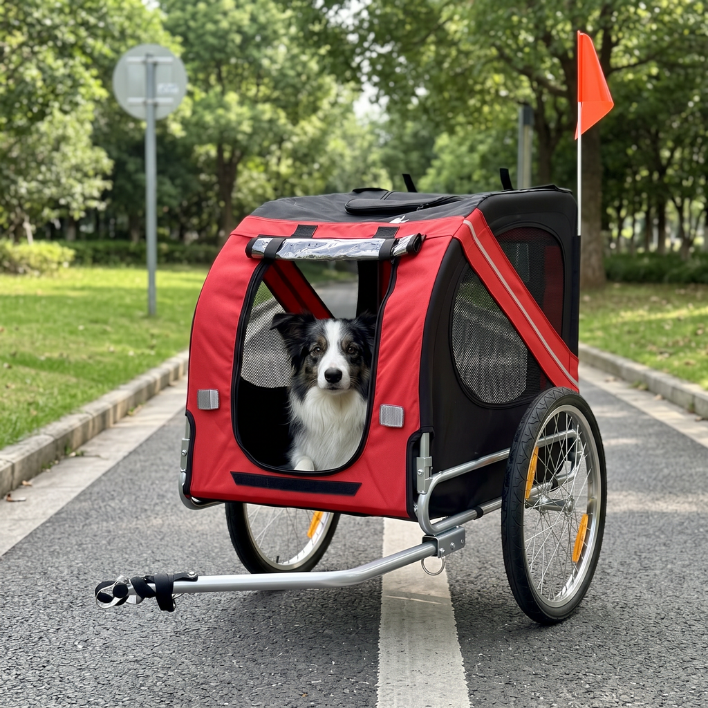 Border collie sitting inside the red dog bike trailer parked on a cycle path beside grass