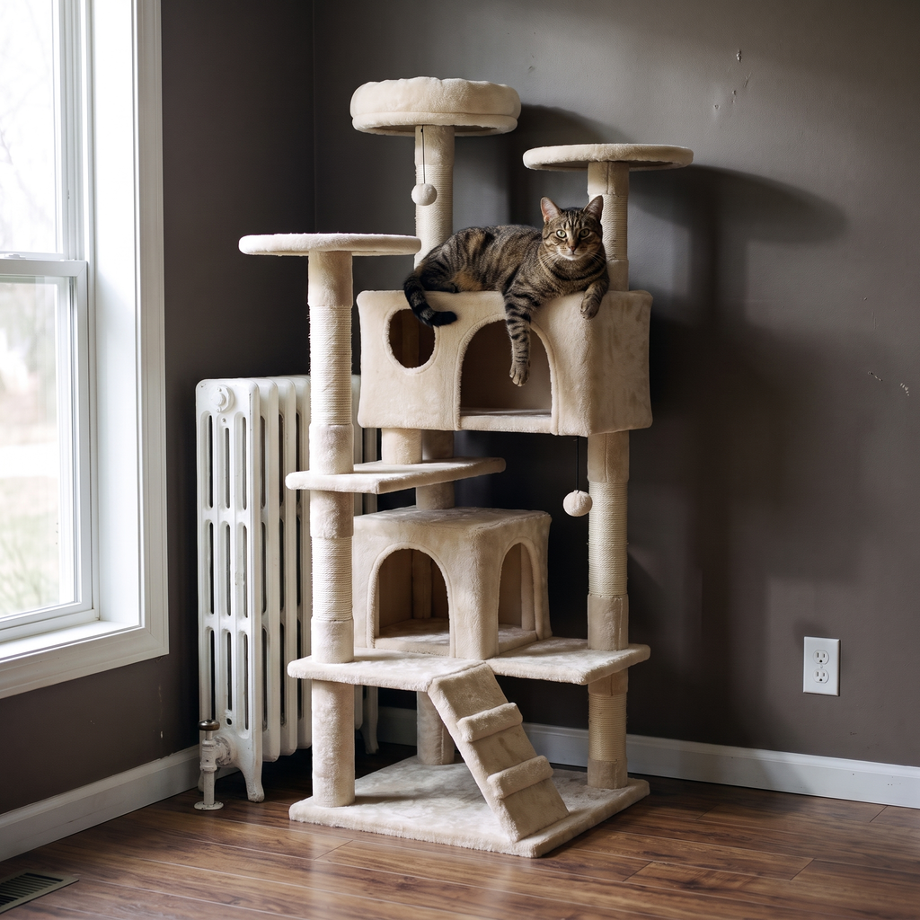 Brown tabby cat resting on a middle perch of the cream 52in cat tree tower in a bright lounge beside a radiator