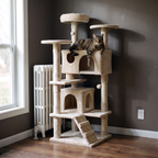 Brown tabby cat resting on a middle perch of the cream 52in cat tree tower in a bright lounge beside a radiator