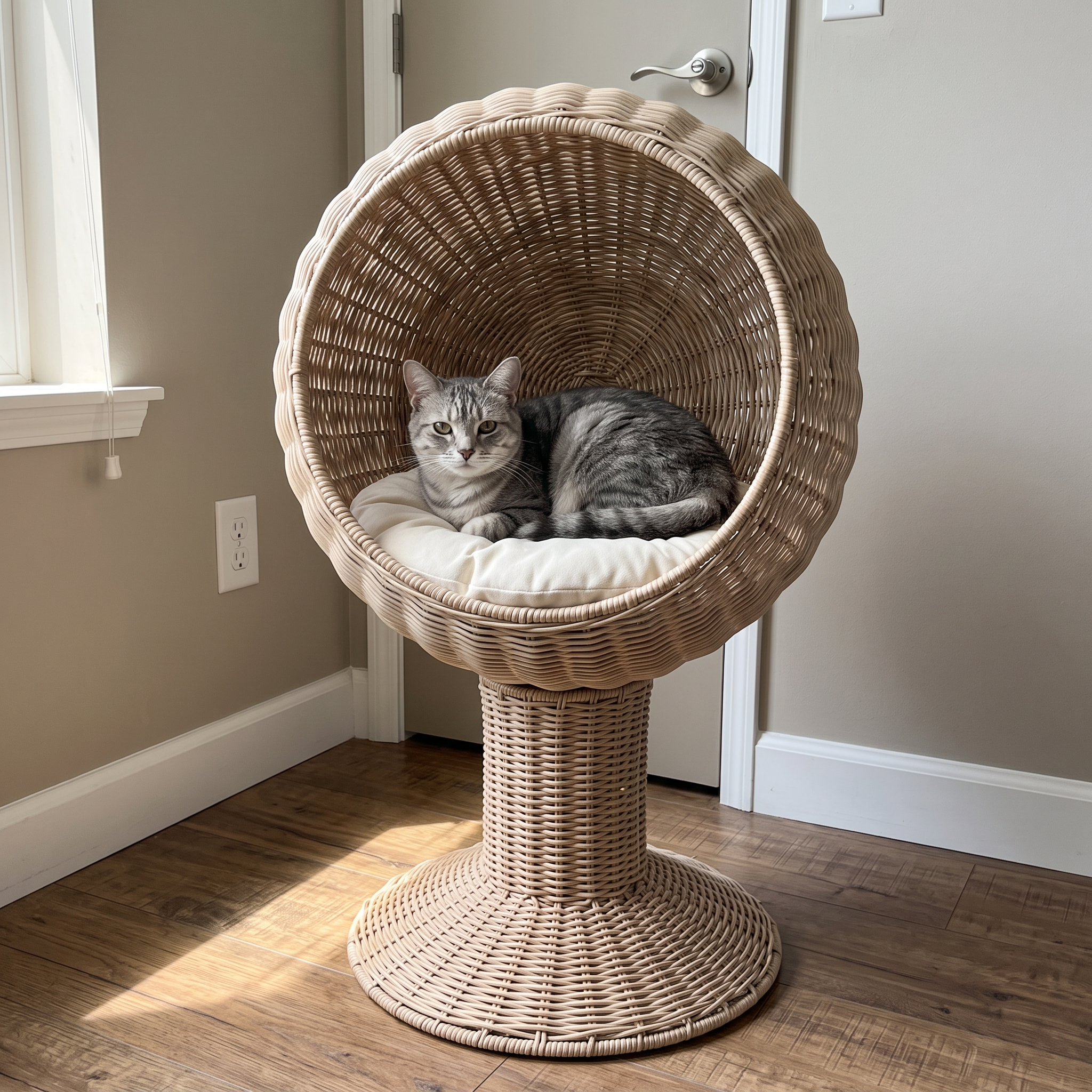 Silver tabby cat curled in the woven rattan egg-chair cat bed in a sunlit bedroom corner