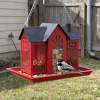 Chickadee feeding at the red barn-style hanging bird feeder on a shepherd's hook in a back garden