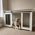 Labrador lying inside the 72in wooden dog crate furniture console with the door open in a living room