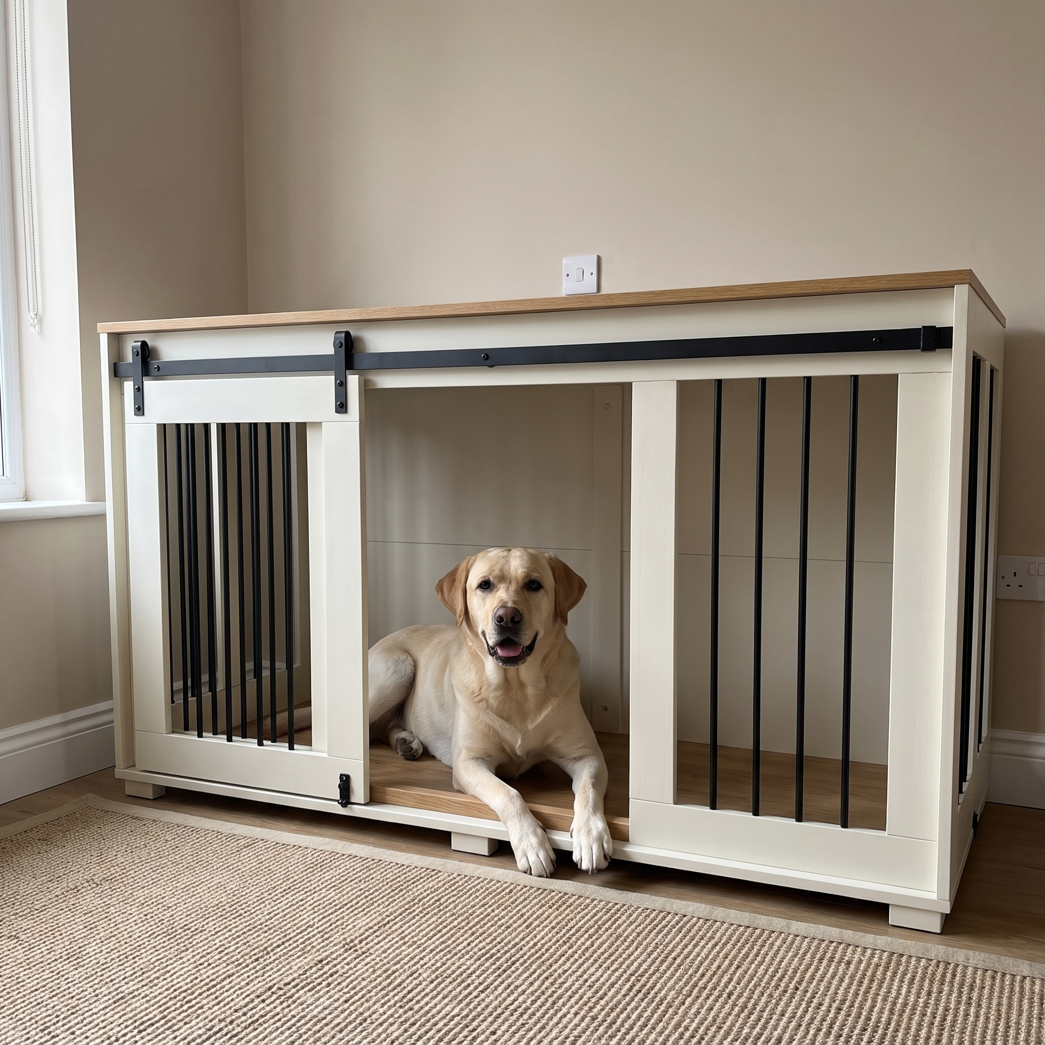 Labrador lying inside the 72in wooden dog crate furniture console with the door open in a living room