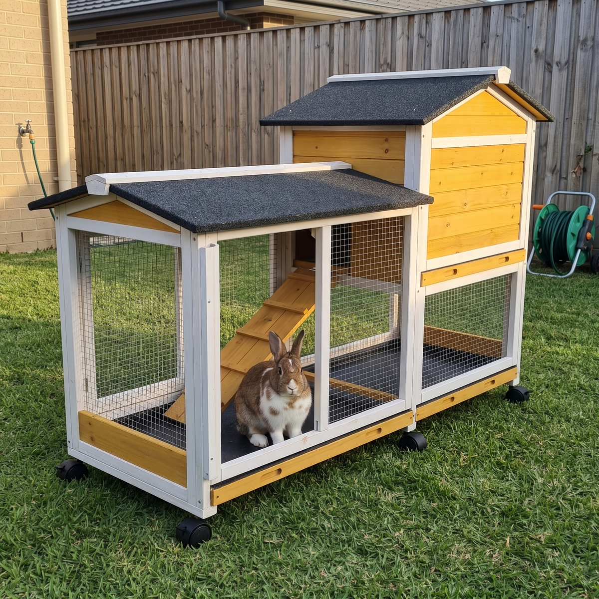 Rabbit in the run of the 62in mobile wooden rabbit hutch on wheels on a back lawn