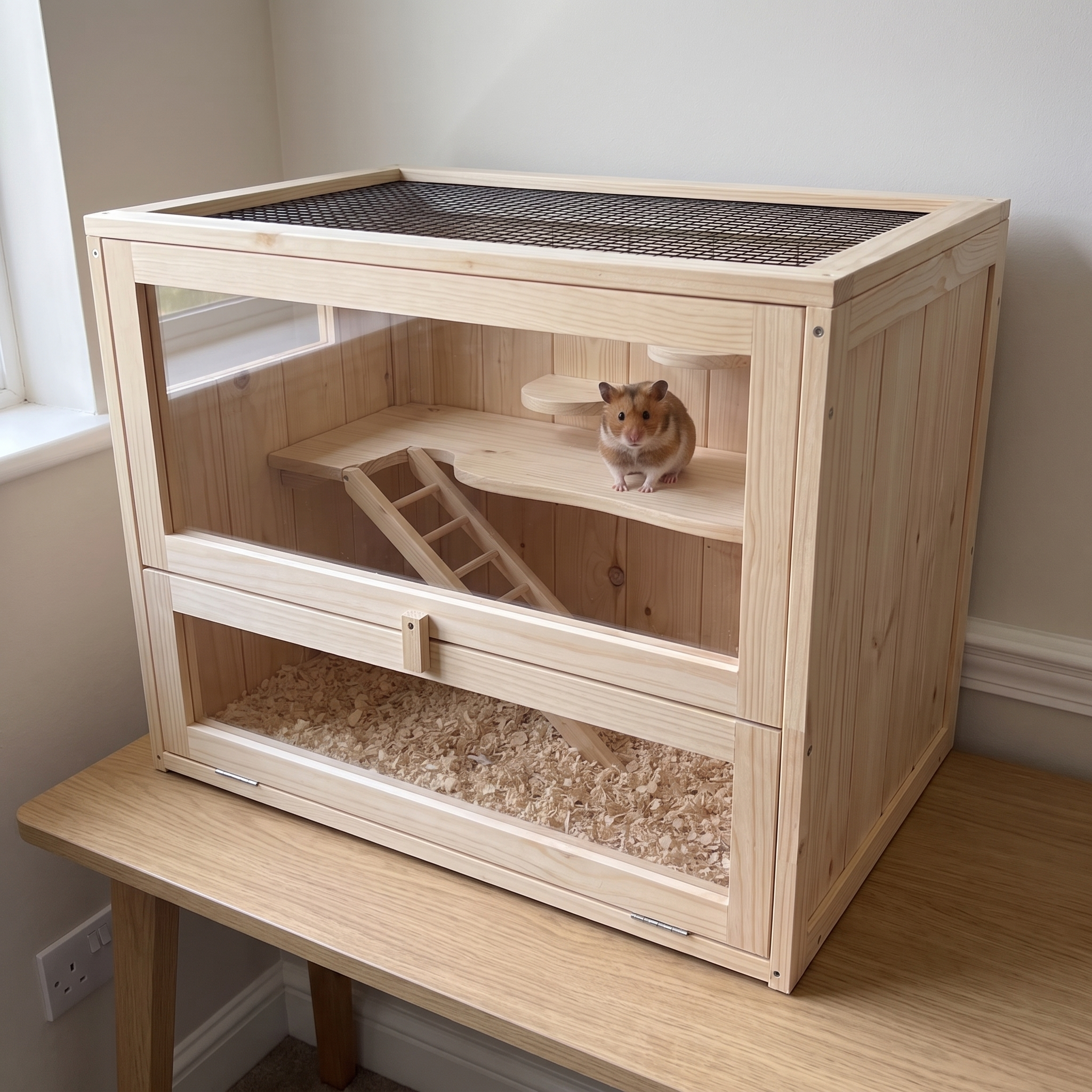 Syrian hamster on the upper platform of the 2-level small-animal habitat on a bedroom desk