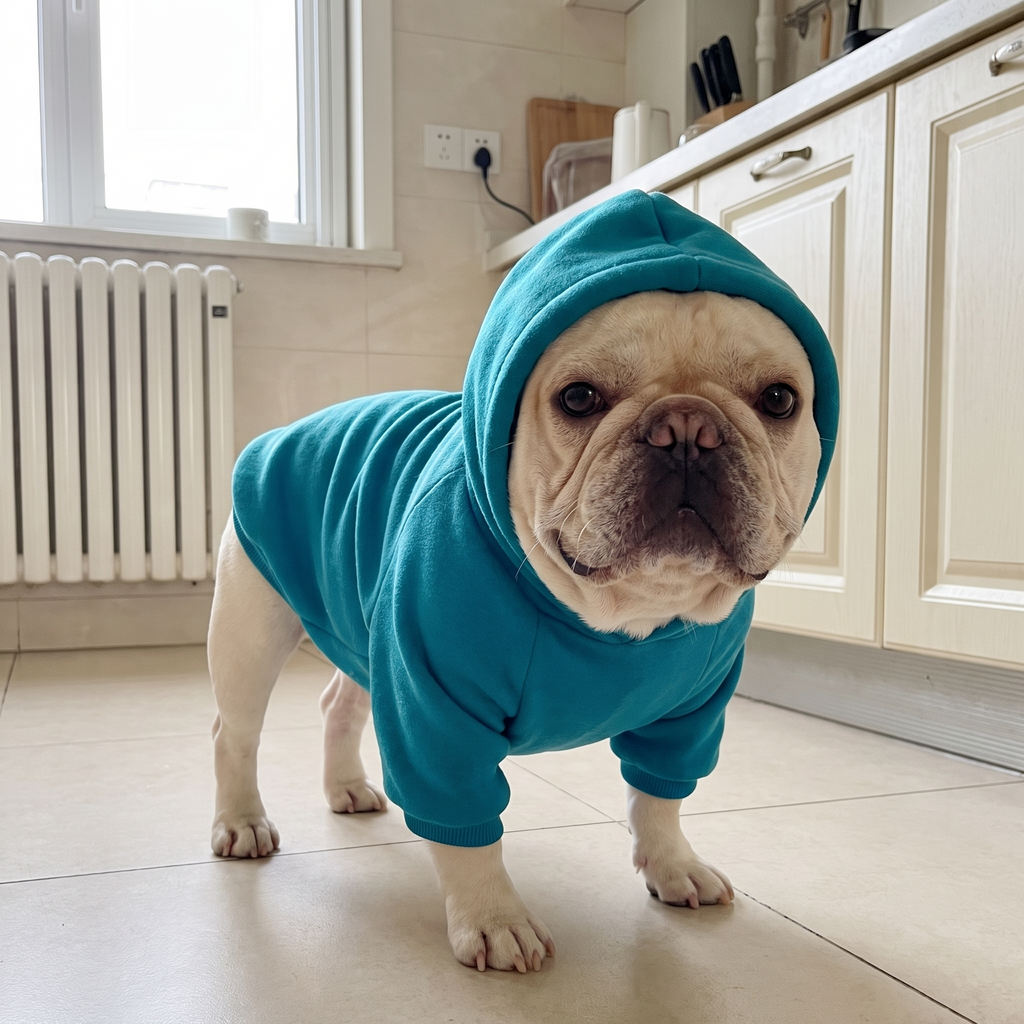 Small dog wearing the plain teal fleece dog hoodie in a kitchen on a cold morning