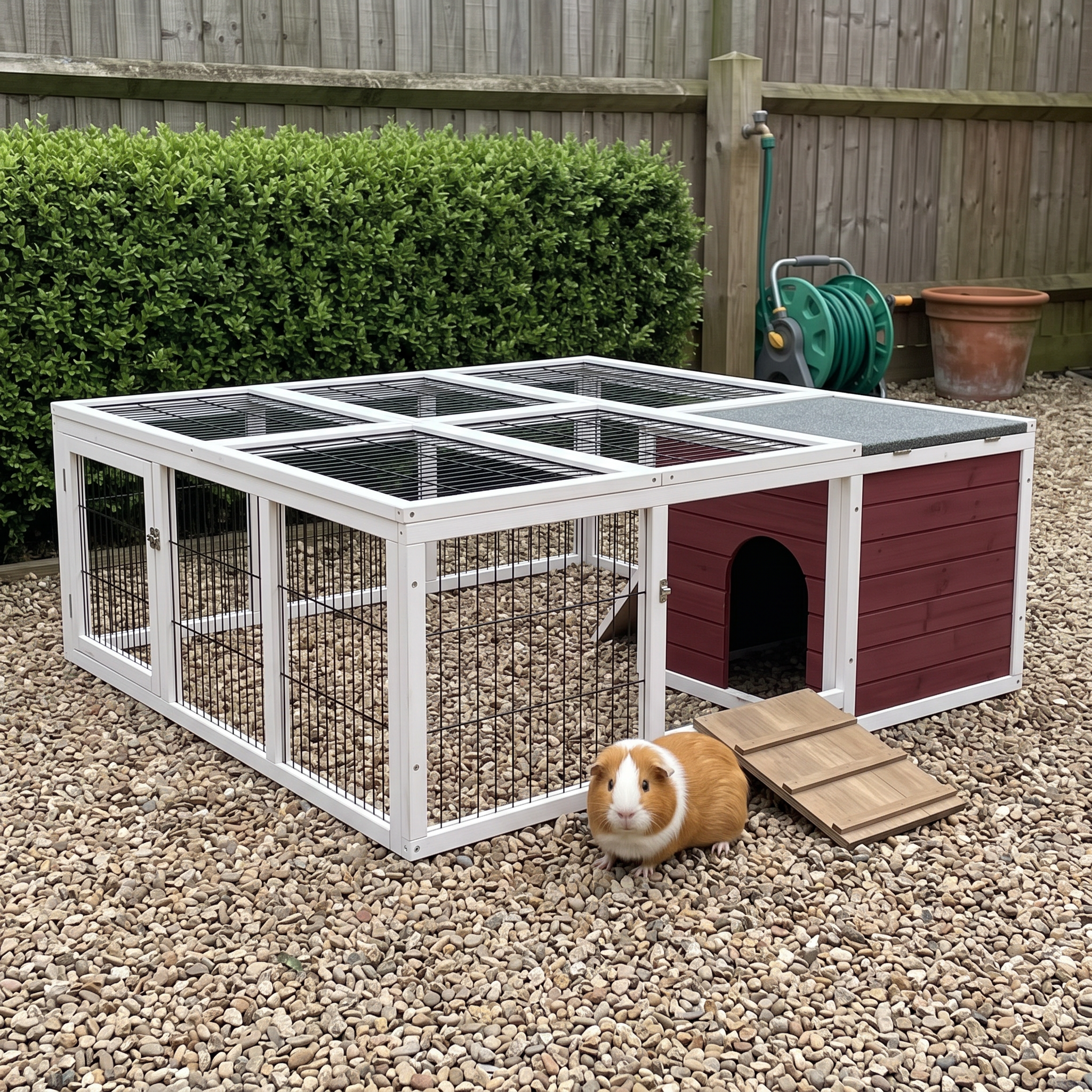 Guinea pig beside the ramp of the 59in wooden outdoor hutch on a gravel garden path