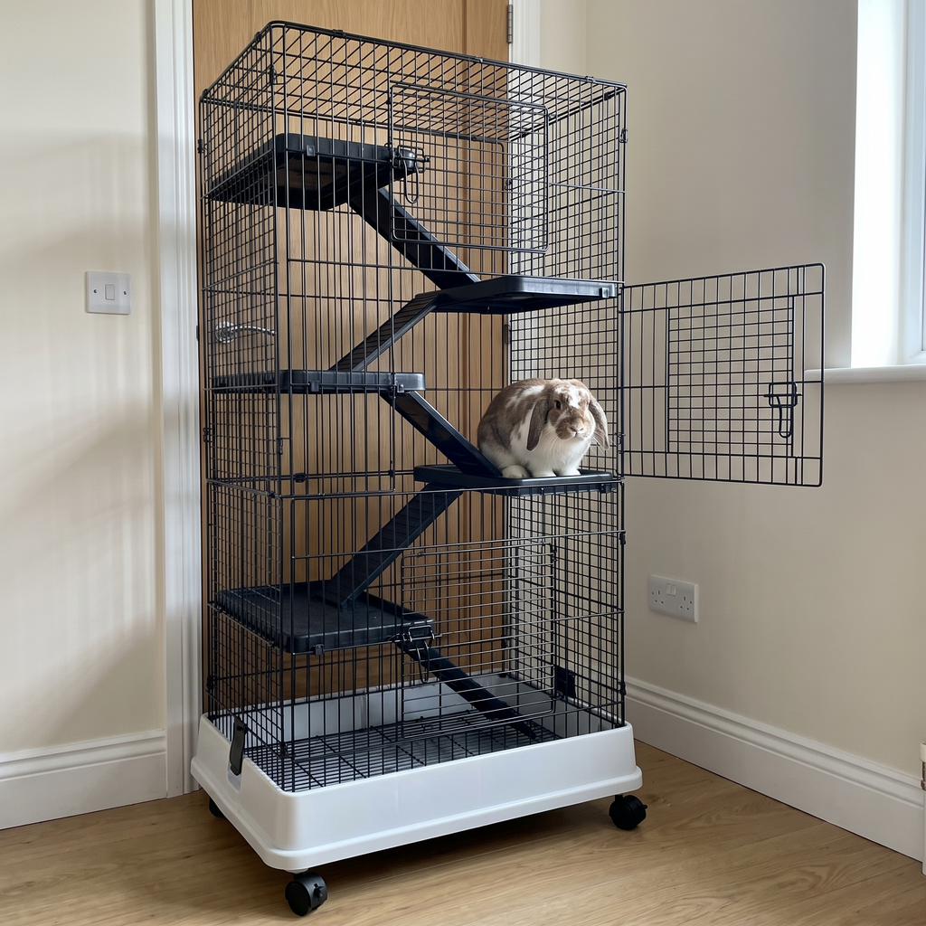Rabbit on a middle platform of the 6-tier rolling wire small-animal cage in a spare room