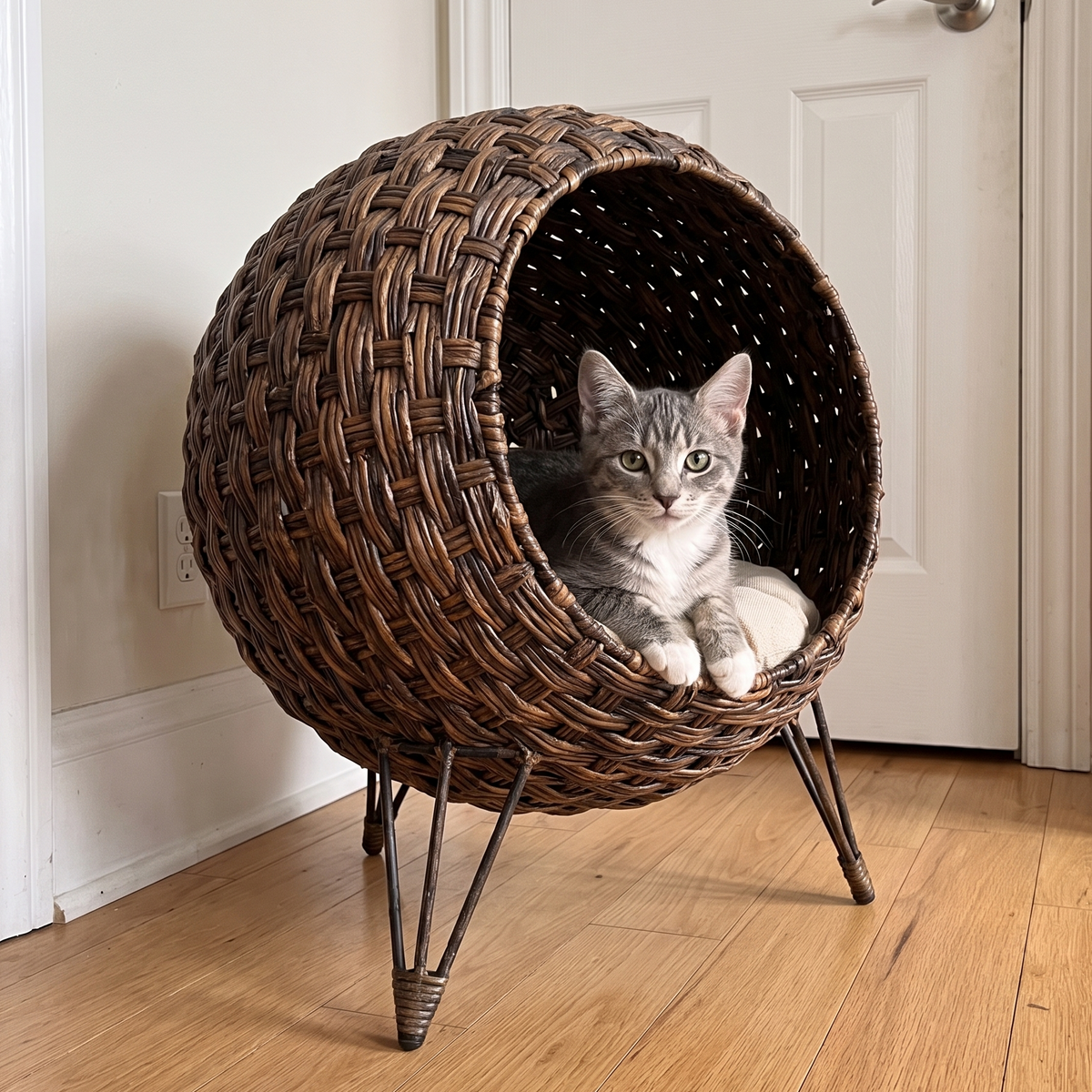 Gray tabby kitten sitting in the doorway of the woven rattan elevated cat bed basket in a sunny hallway