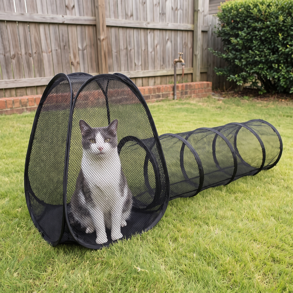 Grey and white cat sitting inside the mesh outdoor cat enclosure tent with its tunnel on a garden lawn