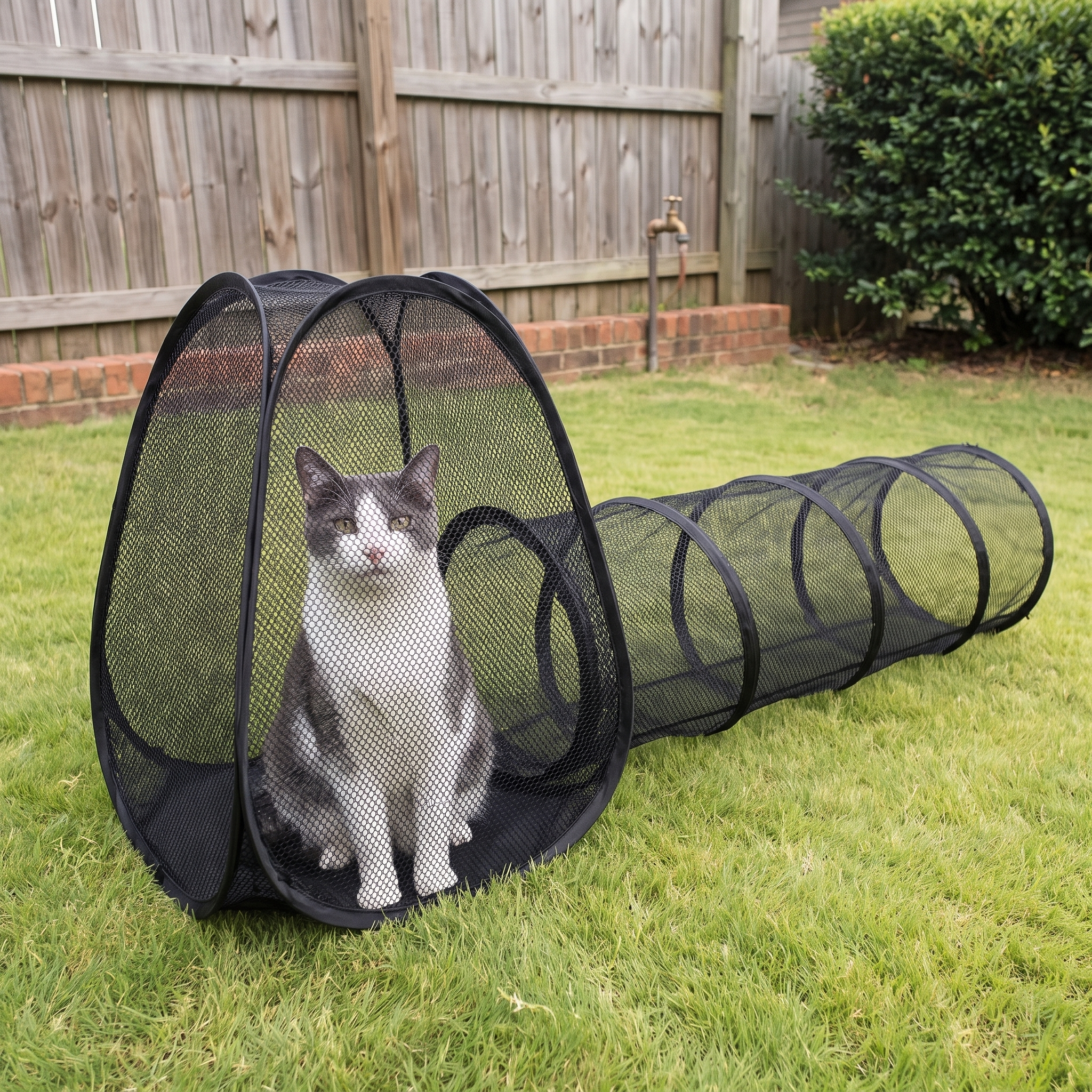 Grey and white cat sitting inside the mesh outdoor cat enclosure tent with its tunnel on a garden lawn
