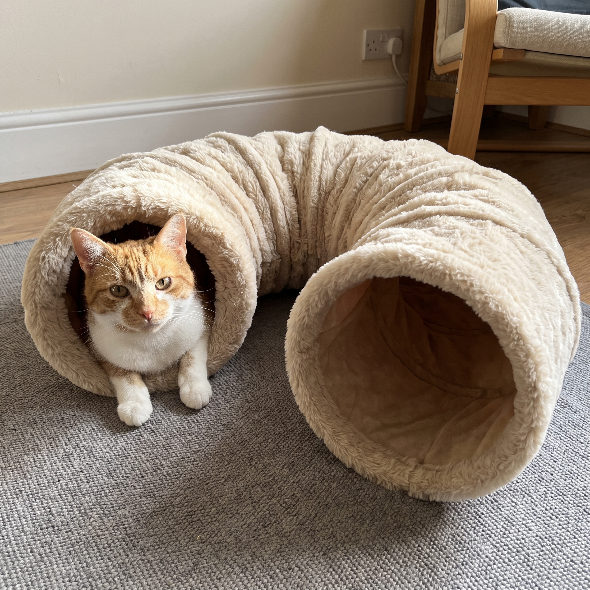 Ginger cat emerging from the mouth of the plush cat tunnel bed on a living room rug