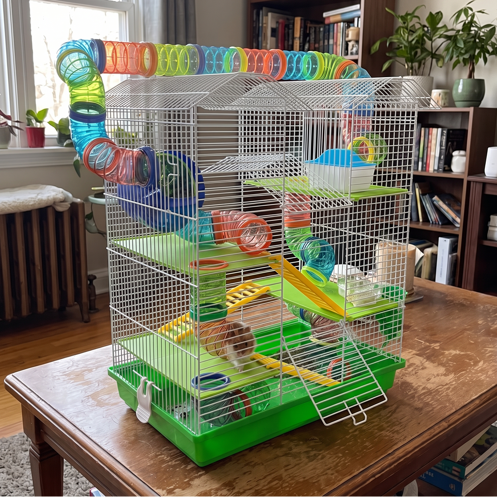 A large white wire hamster cage with multiple levels, green plastic trays and platforms, and colorful translucent tubes and wheels, placed on a wooden table in a living room with a bookshelf and window in the background.