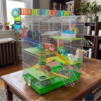 A large white wire hamster cage with multiple levels, green plastic trays and platforms, and colorful translucent tubes and wheels, placed on a wooden table in a living room with a bookshelf and window in the background.