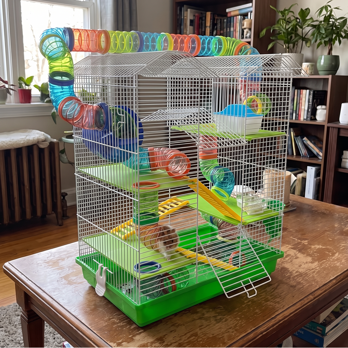 A large white wire hamster cage with multiple levels, green plastic trays and platforms, and colorful translucent tubes and wheels, placed on a wooden table in a living room with a bookshelf and window in the background.