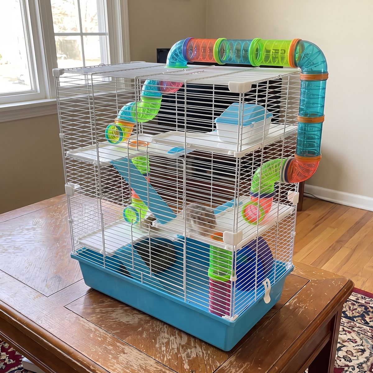 A small multi-level hamster cage with a turquoise blue base and colorful plastic tubes and ramps, placed on a wooden table in a home setting.