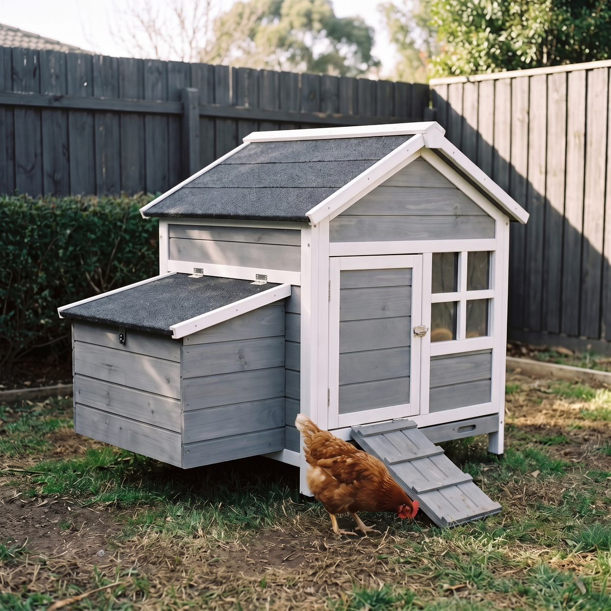 Gray and white wooden chicken coop with a nesting box and ramp on a backyard lawn, hen alongside
