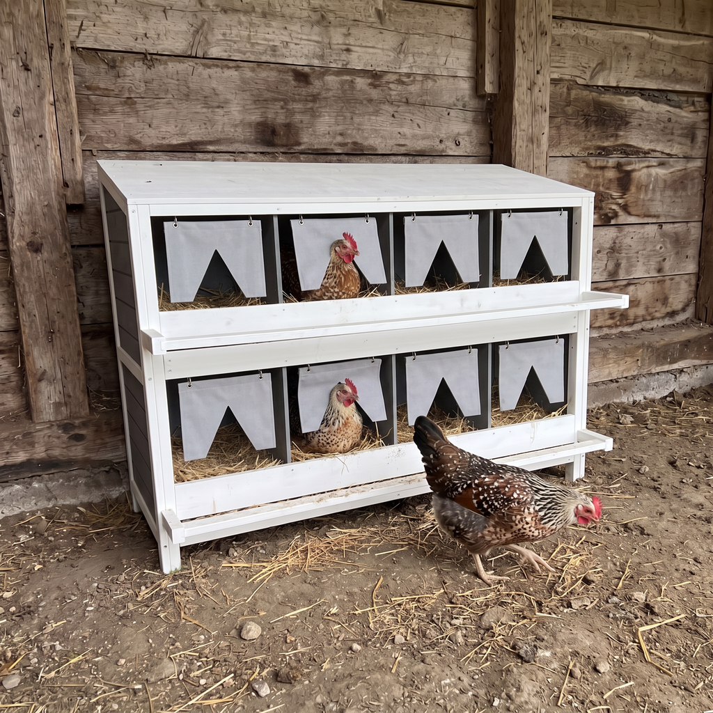 Hens settled in the white eight-compartment nesting box, with another hen standing in front