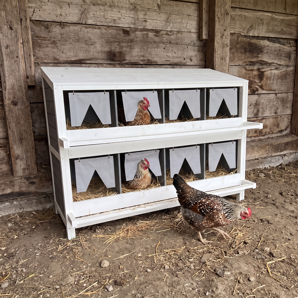 Hens settled in the white eight-compartment nesting box, with another hen standing in front